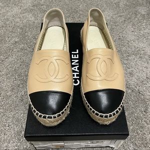 Chanel Espadrilles Lambskin Leather Beige Black